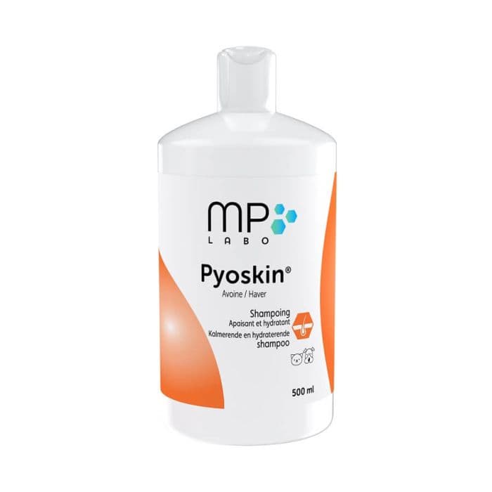 Flacon shampoing Pyoskin MP Labo 500ml chlorhexidine avoine chien chat pyodermite.