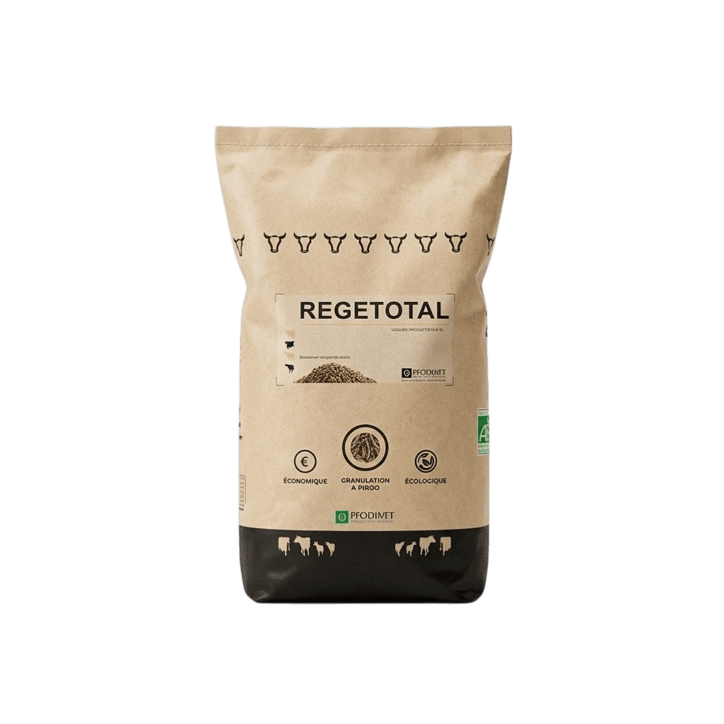 Sac de 25 kg REGETOTAL poudre, complément économique et écologique pour l'hygiène et la digestion en élevage.