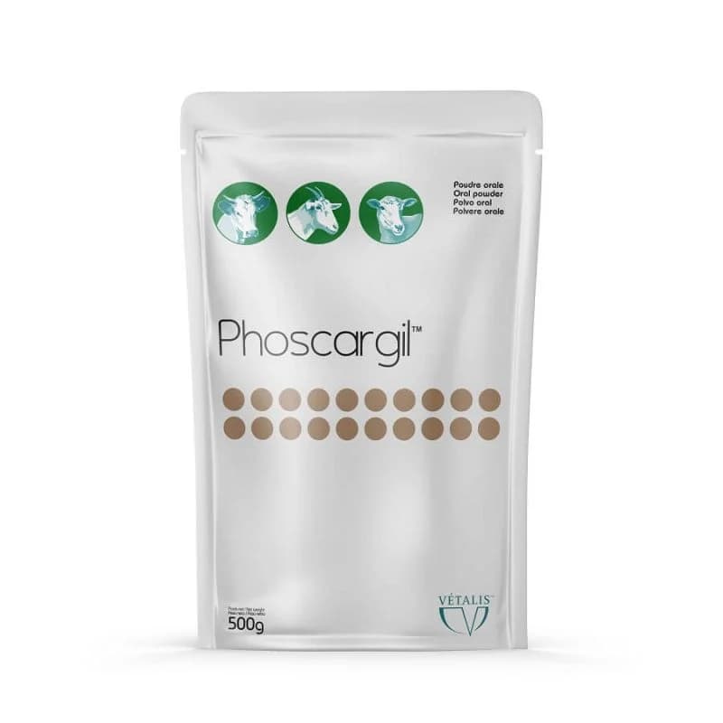 Sachet argenté de 500 g de Phoscargil Poudre Vétalis pour le traitement des troubles digestifs chez les bovins, chèvres et moutons.