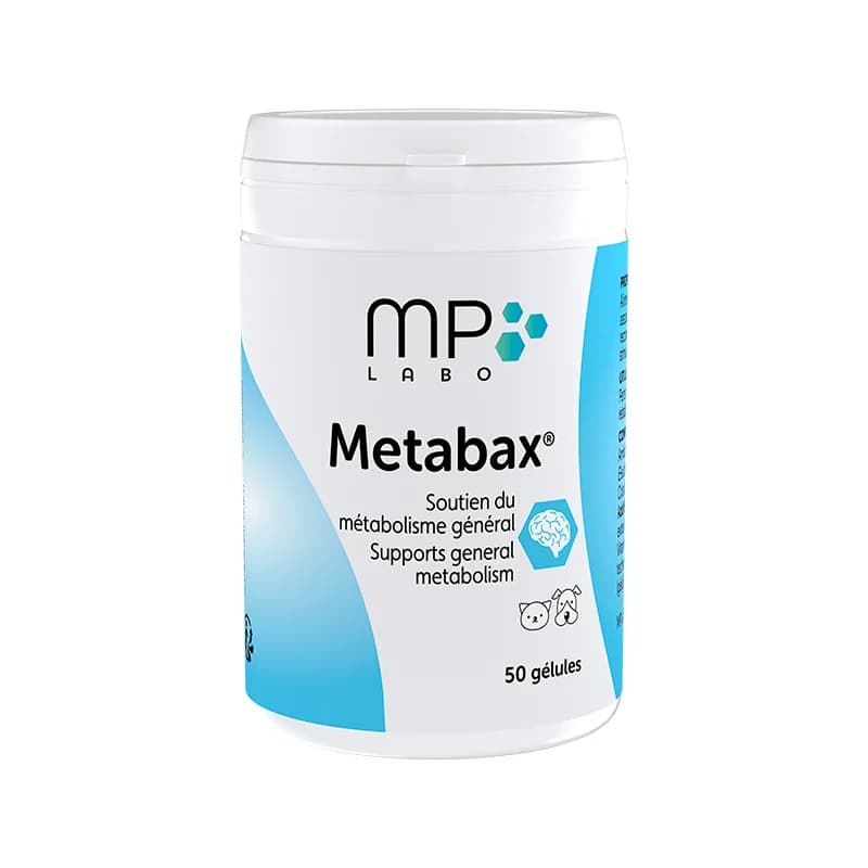 Pot de Metabax MP Labo 50 gélules pour chien et chat, complément de soutien du métabolisme et de la vitalité.