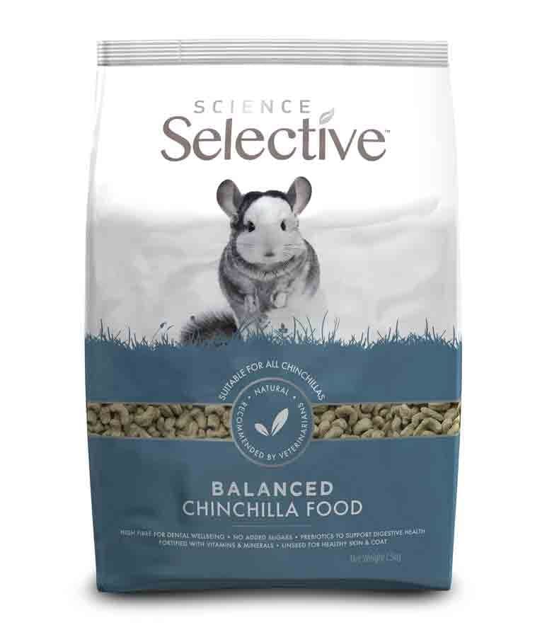 Sachet de 1,5 kg d'extrudés Supreme Science Selective Chinchilla avec visuel de chinchilla.
