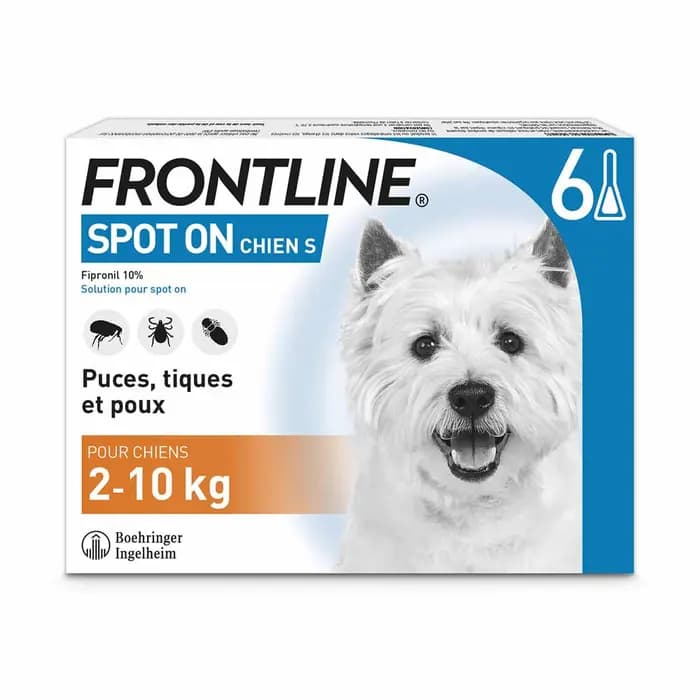 Boîte blanche et bleue de Frontline Spot On Chien S contenant 6 pipettes de traitement anti-puces et anti-tiques pour petit chien de 2 à 10 kg.