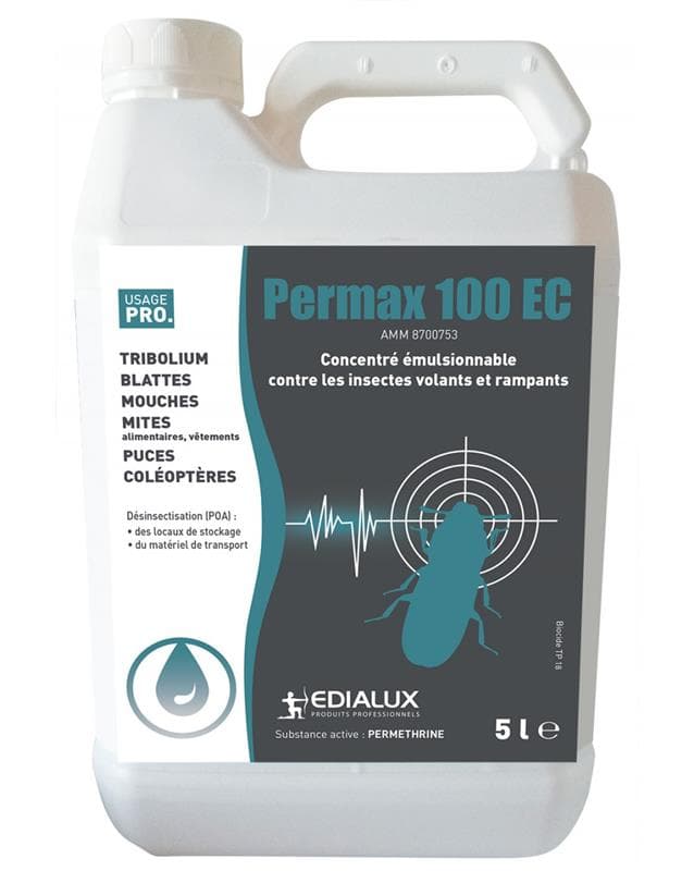 Bidon blanc de 5L d'insecticide PERMAX 100 EC concentré émulsionnable à la perméthrine contre les insectes volants et rampants.