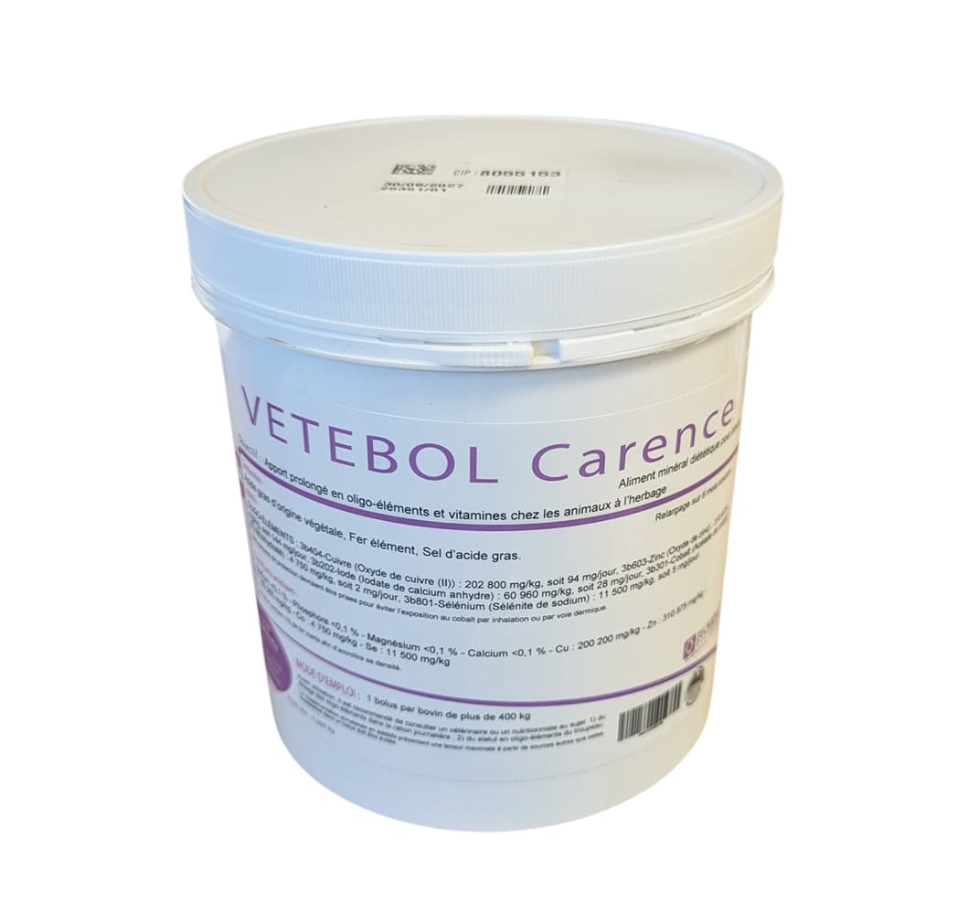 Vetebol Carence 16x84g – bolus nutritionnel pour bovins, correction des carences minérales et vitaminiques
