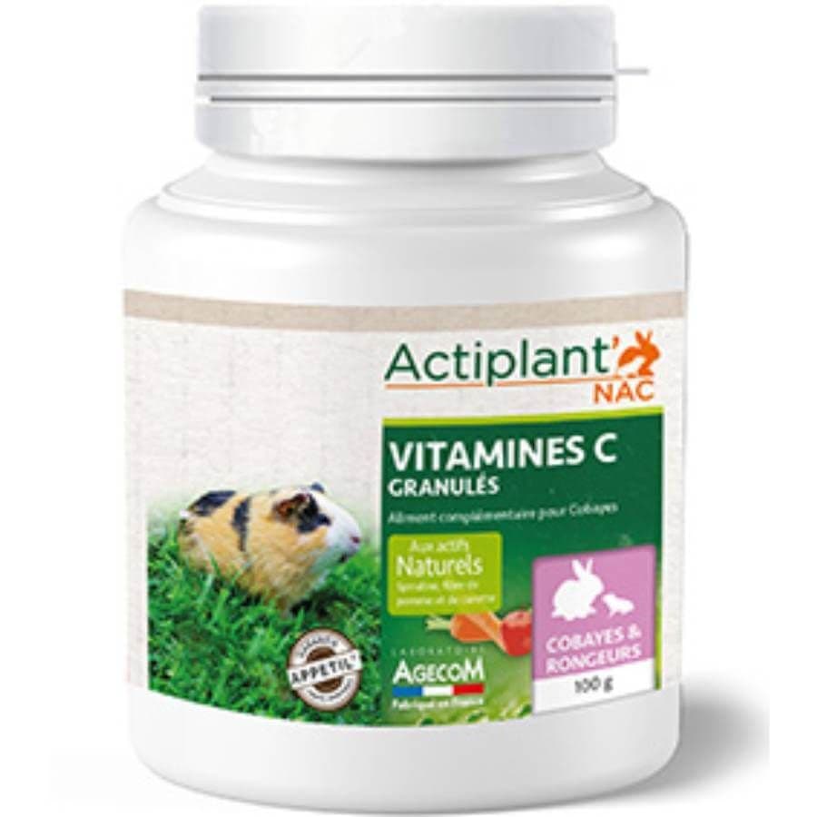 Flacon blanc de 100 g de granulés de Vitamines C Actiplant' NAC pour cobayes et rongeurs, fabriqué en France par le Laboratoire Agecom.