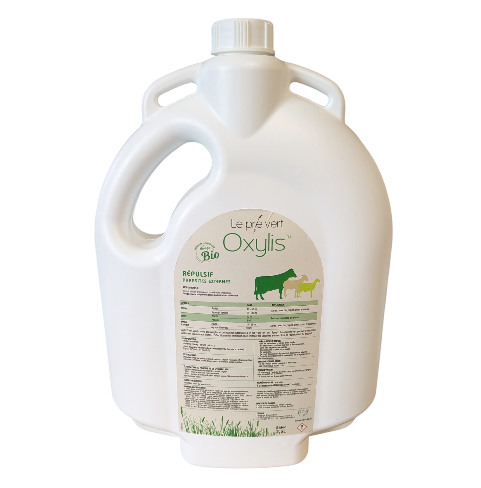 Grand bidon blanc de 2,5 Litres de solution répulsive parasites externes Oxylis Le Pré Vert pour bovins et ovins compatible bio.