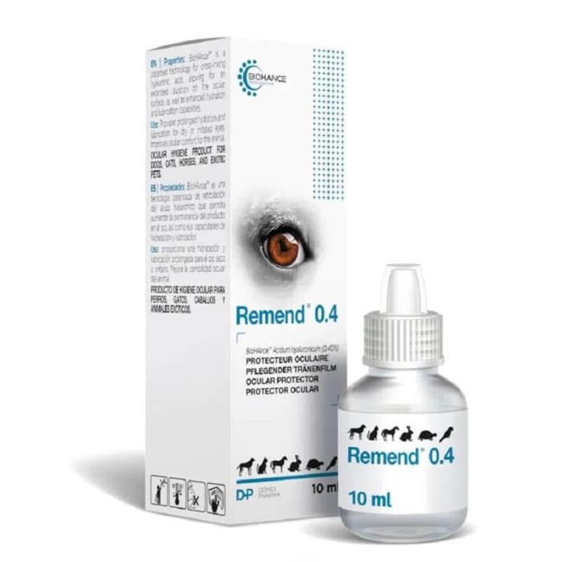Flacon et boîte Remend 0.4 Dômes Pharma, collyre protecteur acide hyaluronique pour animaux.