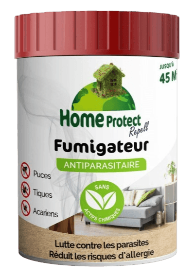 Pot cylindrique blanc avec couvercle rouge de Fumigateur Antiparasitaire Home Protect Repell pour puces, tiques et acariens.