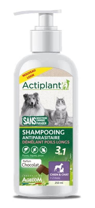 Flacon pompe Actiplant shampooing 3 en 1 antiparasitaire démêlant chien chat parfum chocolat