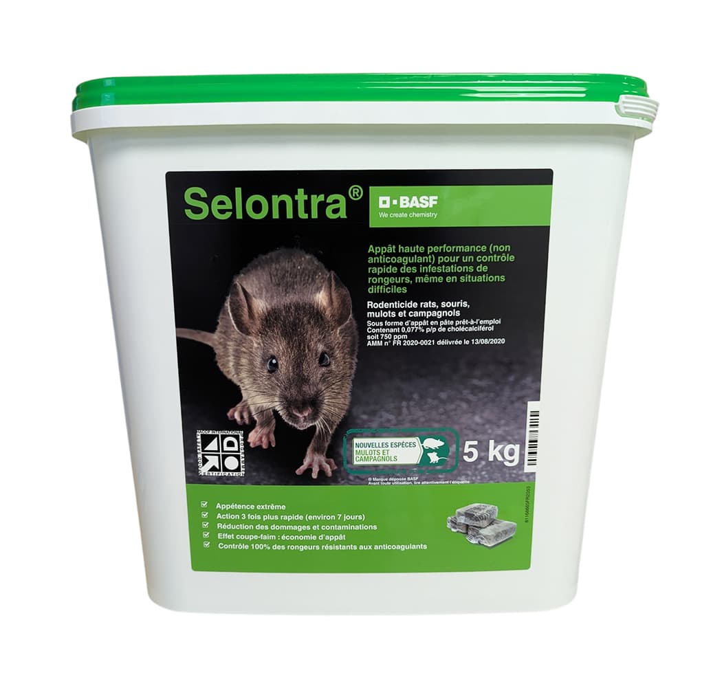 Seau de 5 kg Selontra BASF, appât haute performance en pâte pour rats et souris.