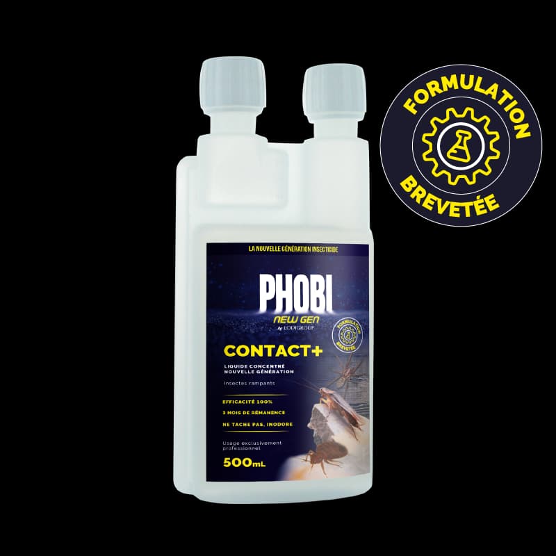 Flacon doseur de 500ml d'insecticide concentré PHOBI Contact + nouvelle génération avec logo "Formulation brevetée" pour le traitement des insectes rampants.