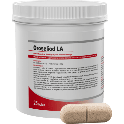 Pot de 25 bolus Oroseliod LA, aliment minéral diététique Iode et Sélénium pour veaux d'élevage.