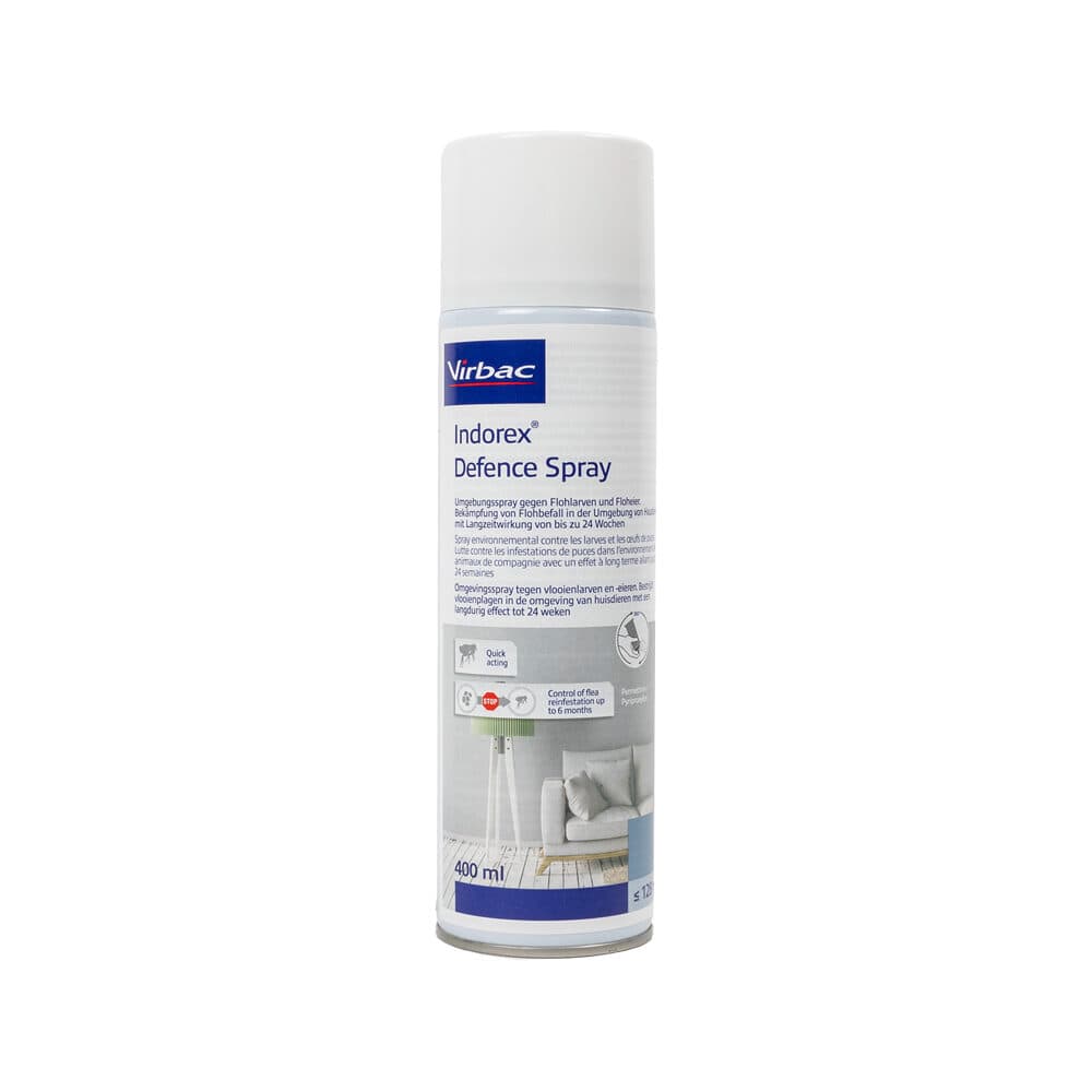 Indorex Defence Spray Virbac 400 ml insecticide anti-puces pour traiter l’environnement du chien et du chat jusqu’à 128 m²