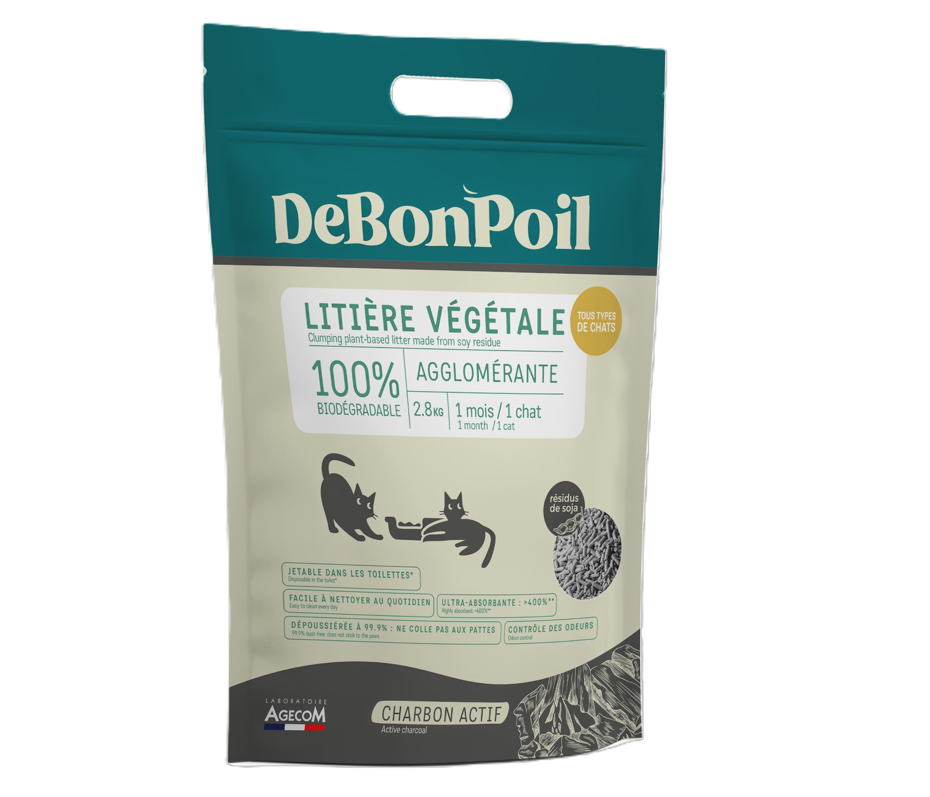 Sac de 2,8 kg de litière végétale agglomérante au charbon actif DeBonPoil jetable aux toilettes.