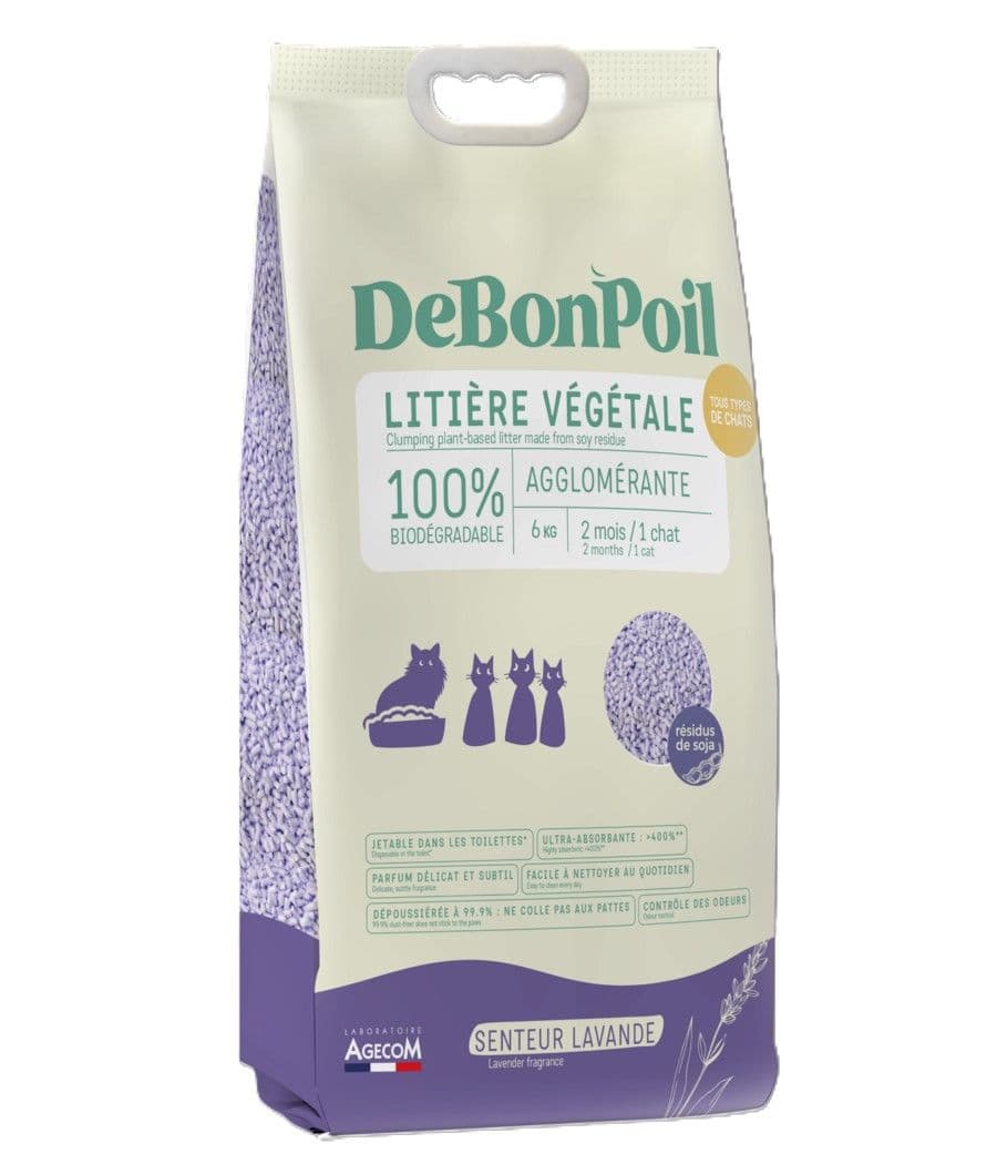 Grand sac de 6 kg de litière végétale agglomérante DeBonPoil senteur lavande jetable aux toilettes.