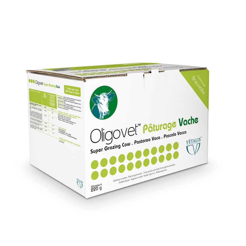 Boîte de 50 bolus Oligovet Pâturage Vache Vétalis, action 250 jours pour la mise à l'herbe.