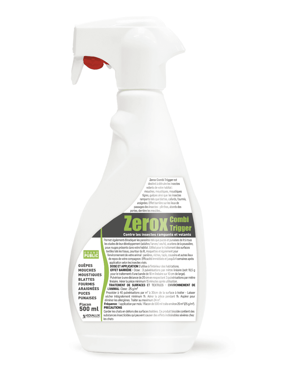 Flacon spray blanc de 500 ml Zerox Combi Trigger d'Edialux, insecticide et acaricide pour volants, rampants et puces.