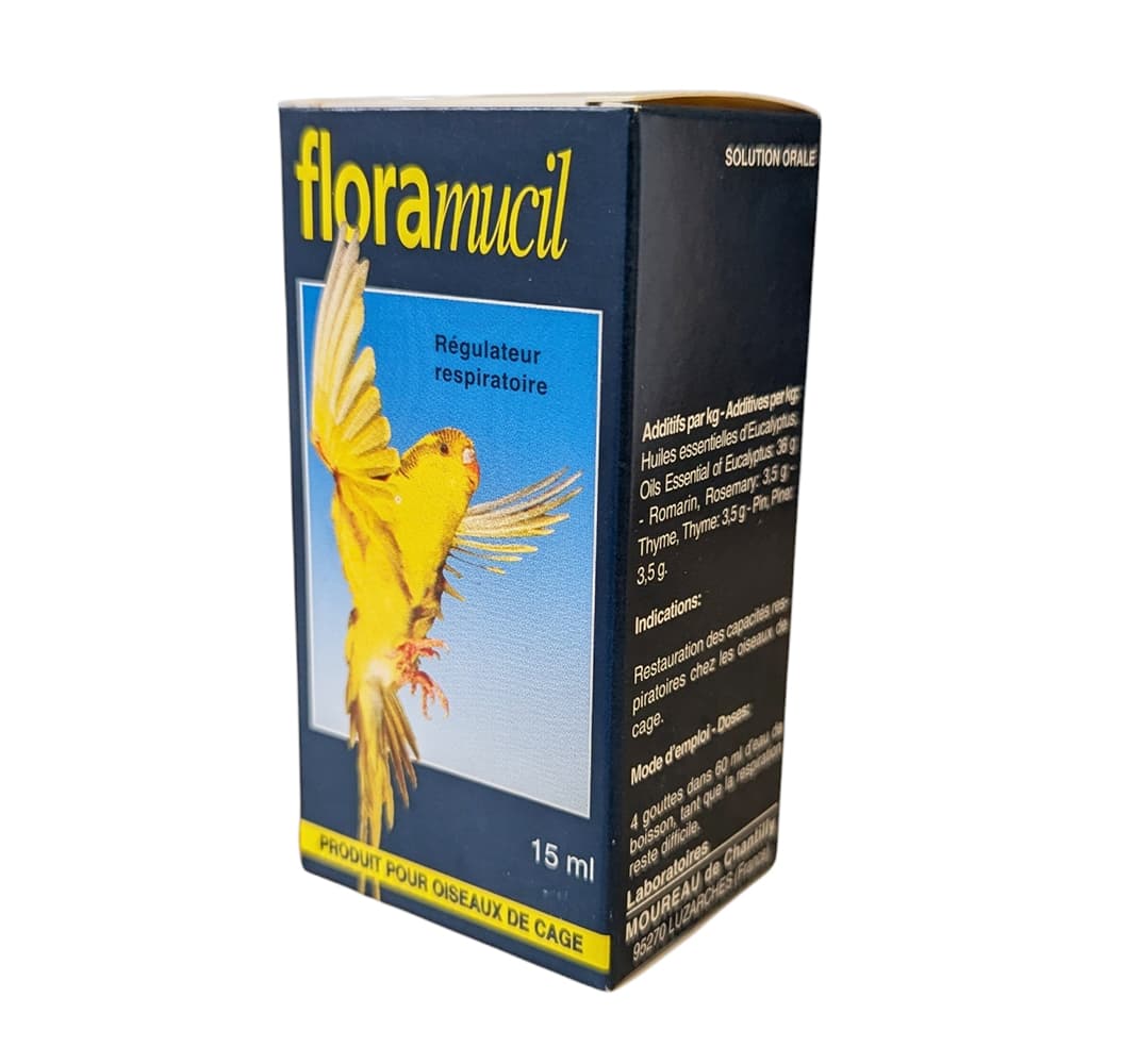 Flacon et boîte Floramucil 15ml, gouttes respiratoires pour canaris et perruches aux huiles essentielles.