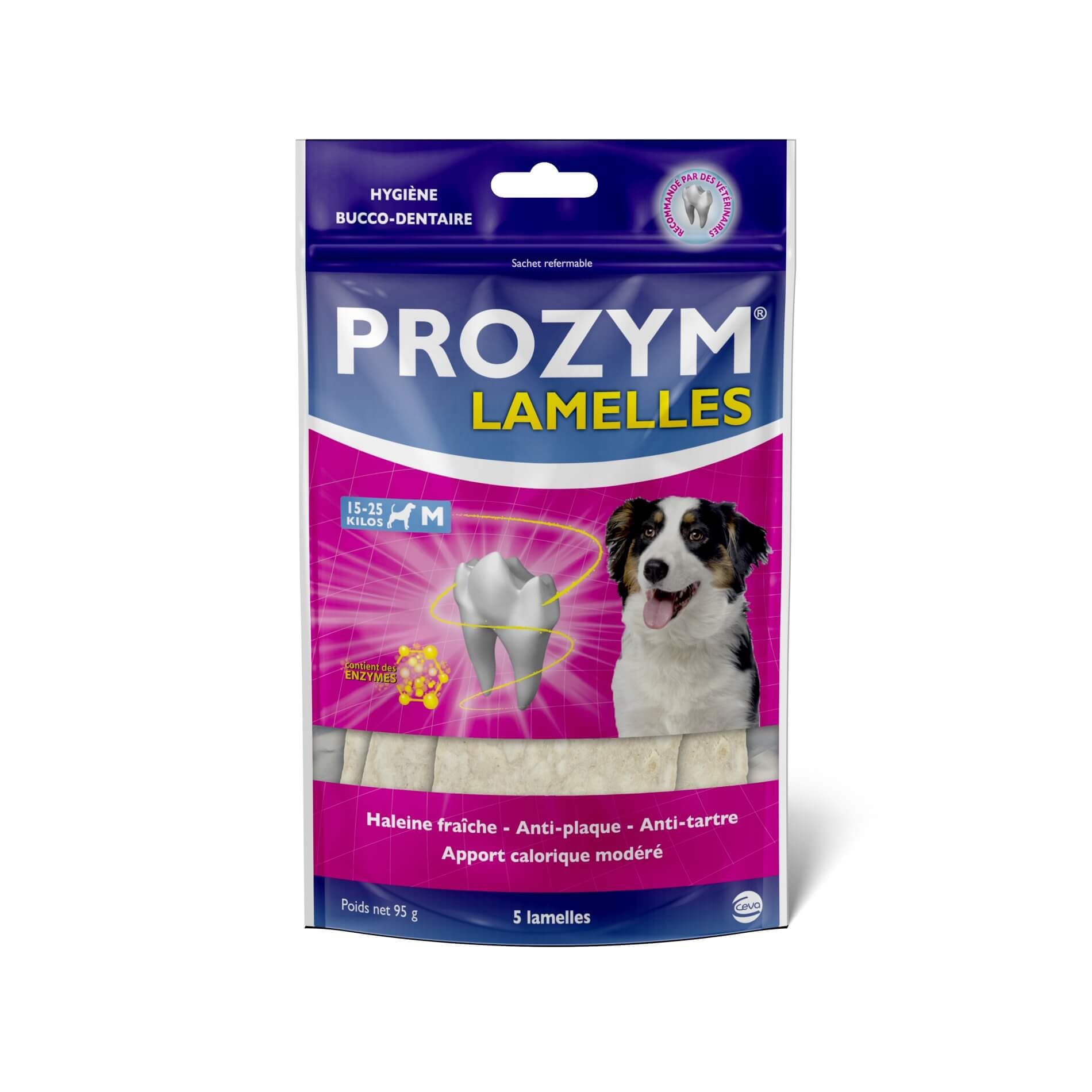 Petit sachet violet et fuchsia de 5 lamelles de soin dentaire Prozym M pour chien de 15 à 25 kg avec photo de chien Berger Australien.
