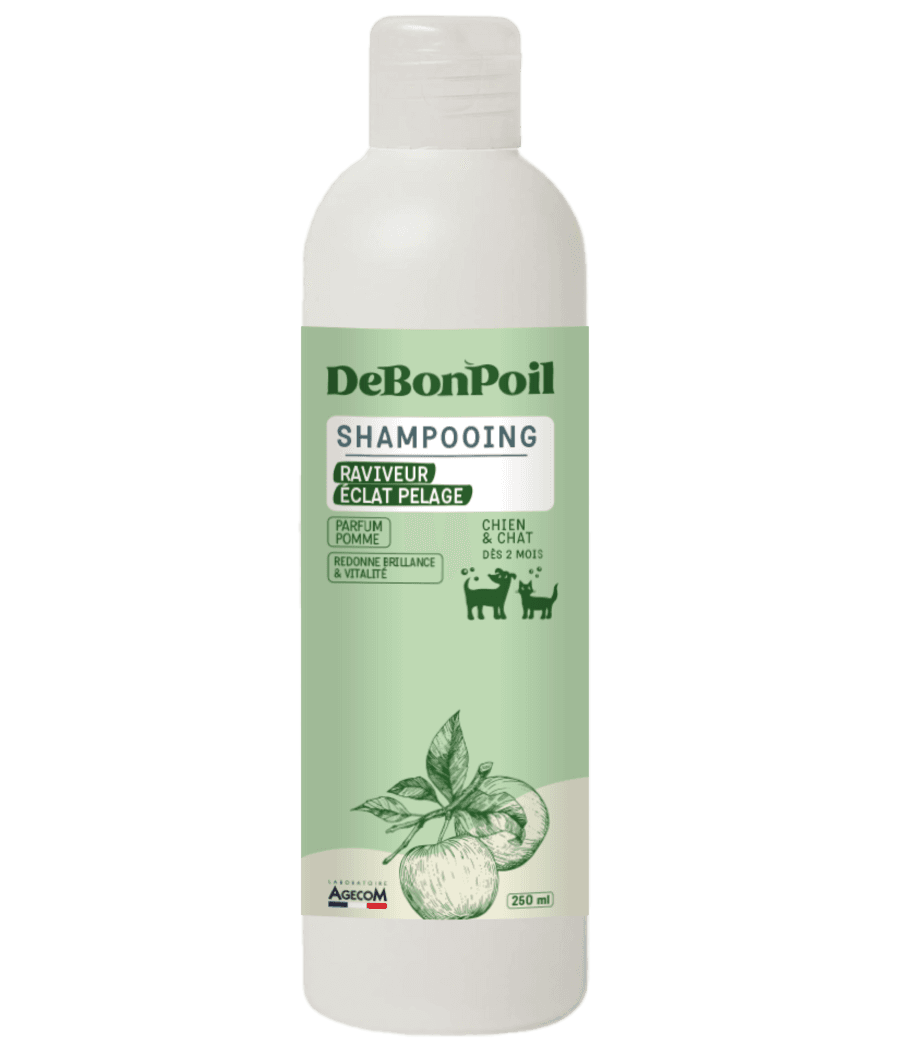 Flacon blanc de 250 ml de Shampooing pour chien et chat DeBonPoil raviveur éclat pelage parfum pomme fabriqué en France.