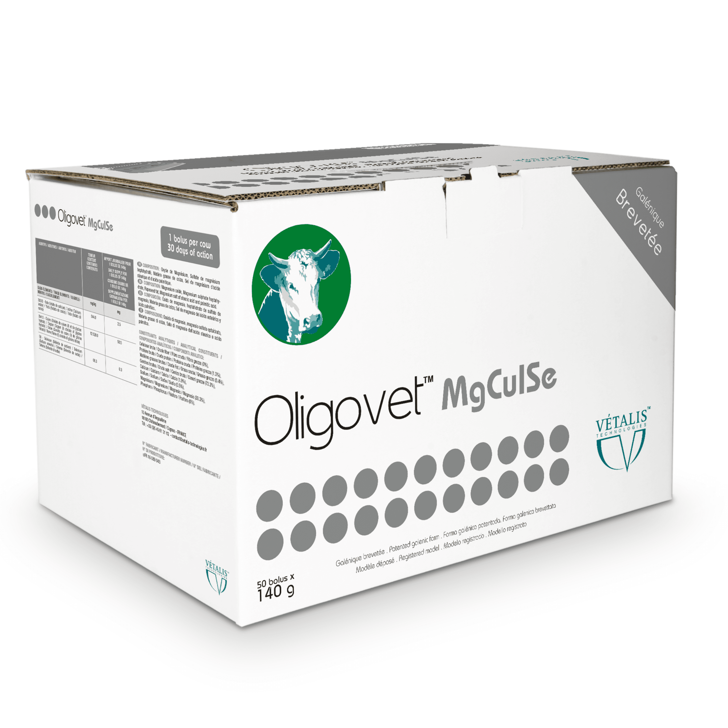 Boîte Oligovet MgCuISe Vétalis 50 bolus 140g oligo-éléments vache.