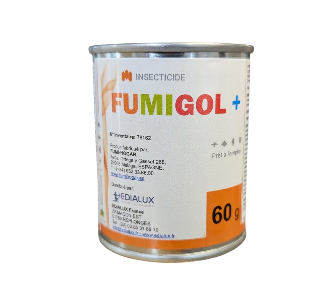 Boîte insecticide fumigène Fumigol+ 60g de la marque FumiHogar pour le traitement des insectes volants et rampants dans un volume de 180m3.