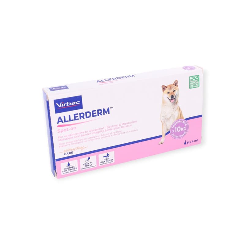 Allerderm Spot-On 6 x 4 ml Virbac – soin cutané réparateur pour chien à peau sensible, hydratation et barrière cutanée renforcée.