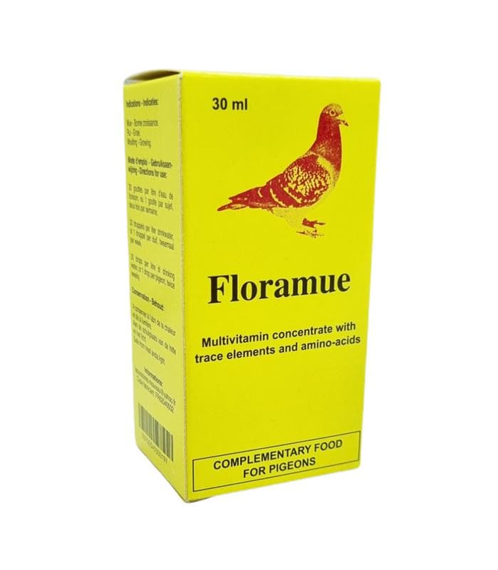 Floramue 30ml vitamines pour mue pigeon boite jaune.