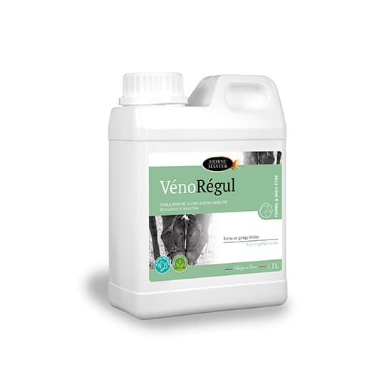 Flacon blanc de 1.5 Litre de solution liquide VénoRégul Horse Master pour la circulation des membres du cheval.