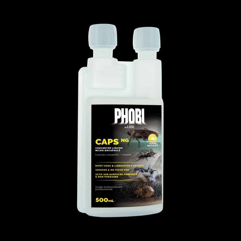 Flacon doseur de 500 ml de PHOBI CAPS, insecticide micro-encapsulé bi-actif pour le contrôle professionnel des insectes rampants et volants.