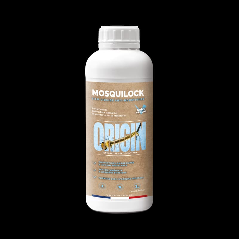 Flacon de 1L ORIGIN Mosquilock, film liquide 100% végétal et sans silicone pour le traitement physique des larves de moustiques.