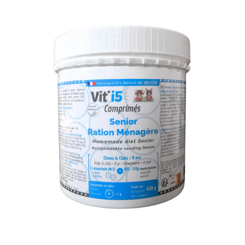 Pot blanc de 600g de Vit'i5 Senior Ration Ménagère (Bleu) en comprimés pour chiens et chats seniors de plus de 8 ans, formulé sans phosphore.