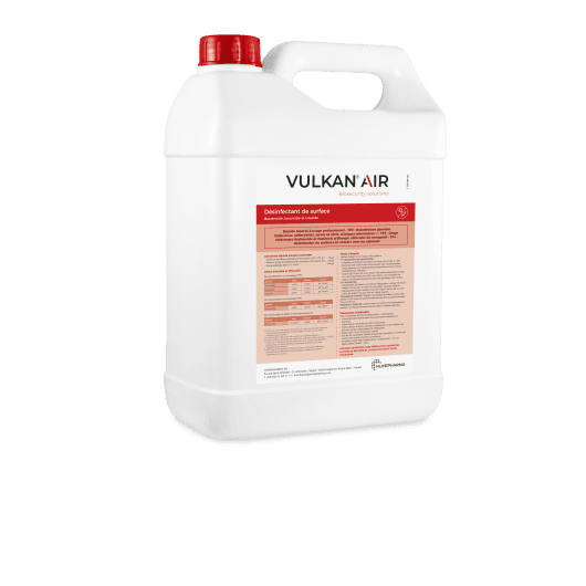 Bidon en plastique blanc de 5 Litres de désinfectant de surface et de l'air Vulkan Air pour bâtiments d'élevage avec bouchon rouge.