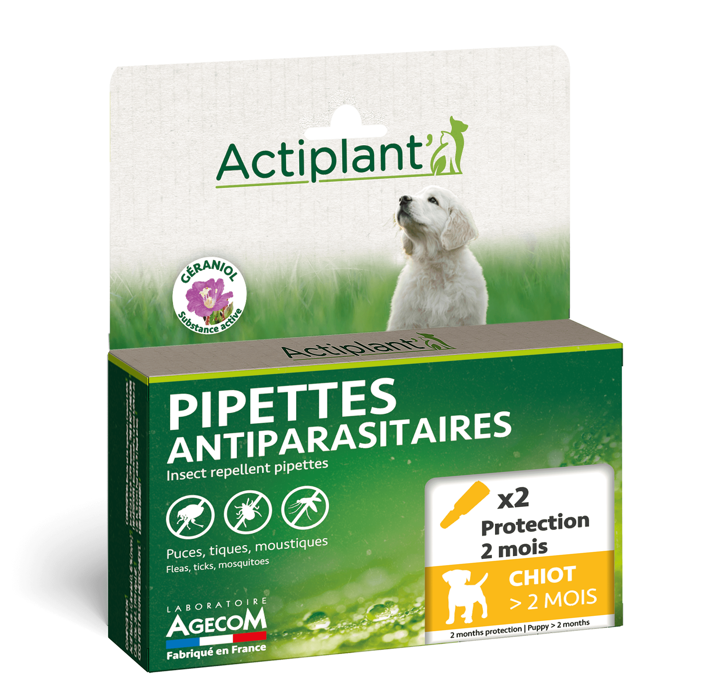Boîte 2 pipettes antiparasitaires Actiplant chiot plus de 2 mois géraniol naturel.