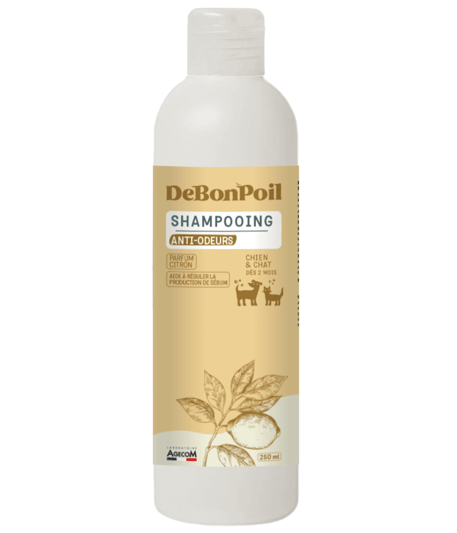 Flacon blanc de 250 ml de Shampooing Anti-Odeurs DeBonPoil pour chien et chat parfum citron fabriqué en France par Agecom.