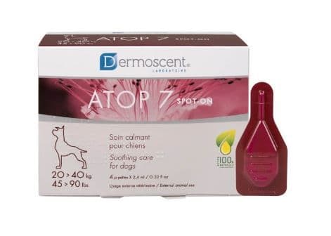 Boîte et pipette de soin apaisant Dermoscent ATOP 7 Spot-On pour grands chiens de 20 à 40 kg.