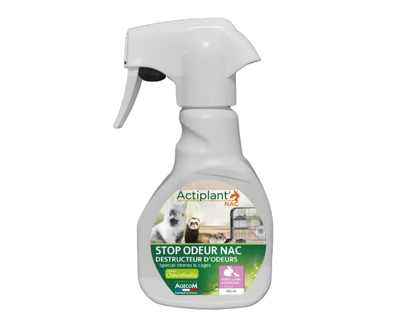 Flacon spray 250ml destructeur d'odeurs Actiplant NAC au chèvrefeuille pour cages et litières.