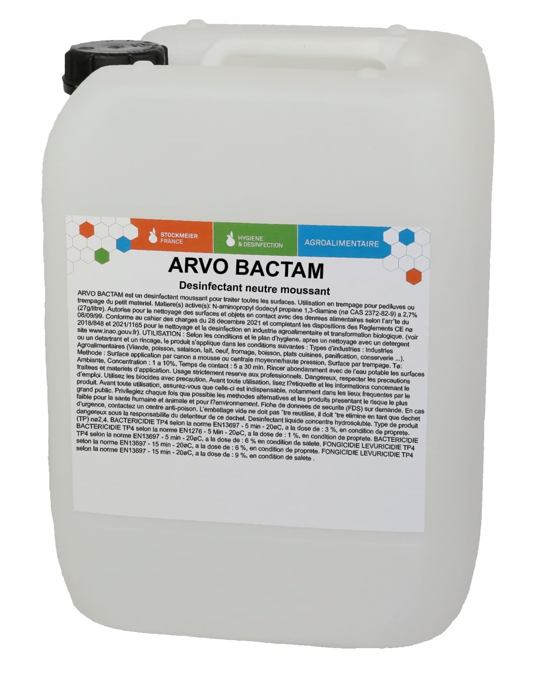 Bidon de 20L de desinfectant neutre moussant a la diamine Arvo Bactam pour agroalimentaire et elevage