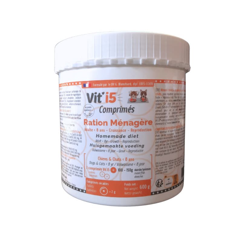 Pot blanc de 600g de Vit'i5 Ration Ménagère (Orange) en comprimés, formulé par un vétérinaire pour l'équilibre nutritionnel des chiens et chats de moins de 8 ans.