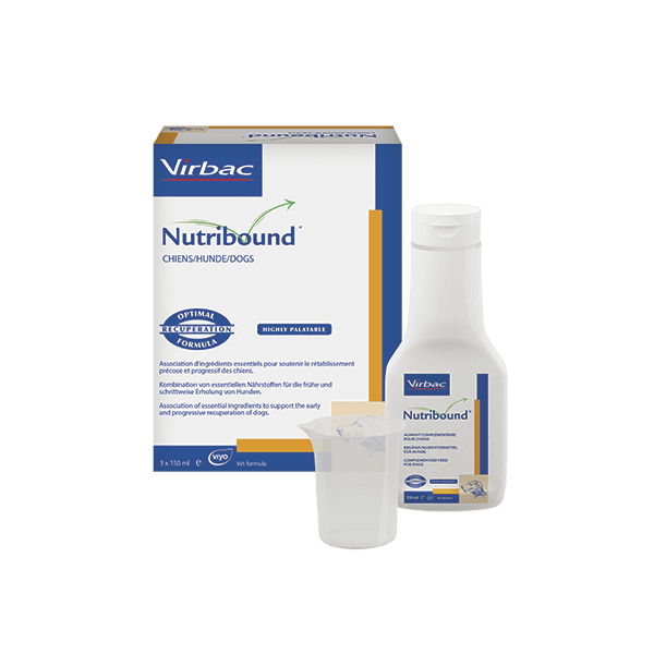 Nutribound Chiens Virbac 3x150 ml – solution nutritionnelle appétente pour soutenir la récupération et stimuler l’appétit des chiens convalescents.