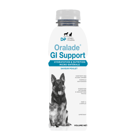 Bouteille de 500 ml d'Oralade GI Support de Dômes Pharma, solution d'hydratation et nutrition micro-entérale saveur poulet pour chien et chat.