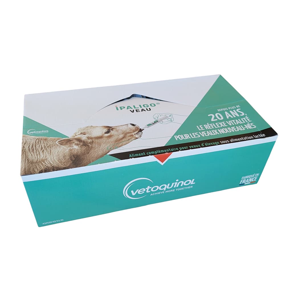 Boîte de 48 seringues IPALIGO Veau Vetoquinol, aliment complémentaire vitalité pour veau nouveau-né.