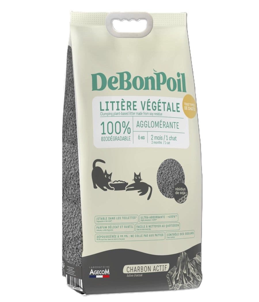 Grand sac de 6 kg de litière végétale agglomérante au charbon actif DeBonPoil jetable aux toilettes