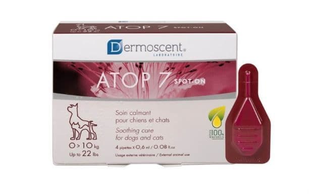 Boîte et pipette de soin calmant Dermoscent ATOP 7 Spot-On pour chiens et chats de 0 à 10 kg.