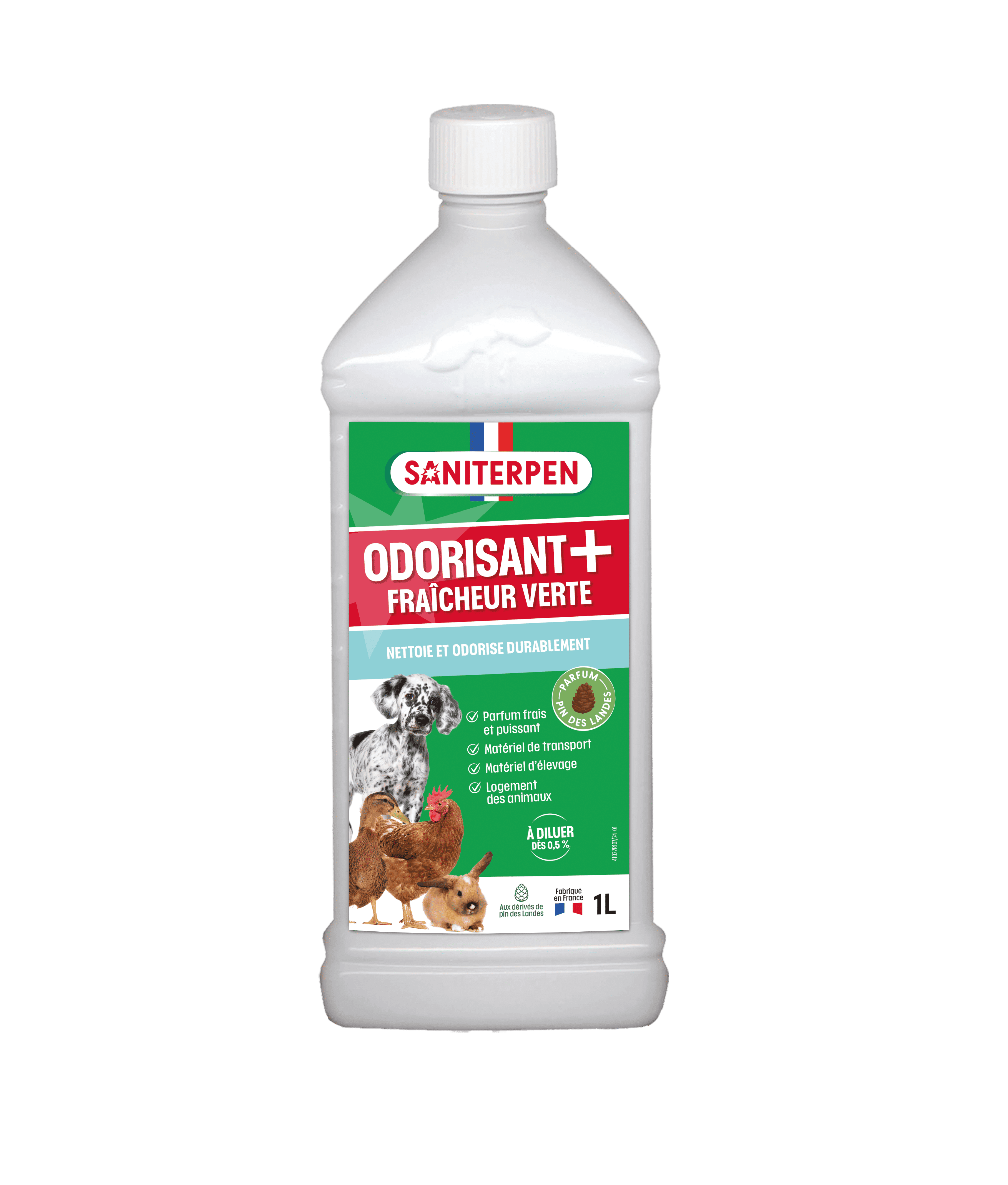 Flacon Saniterpen Odorisant+ Fraîcheur Verte 1L pour neutraliser les mauvaises odeurs des environnements animaliers.