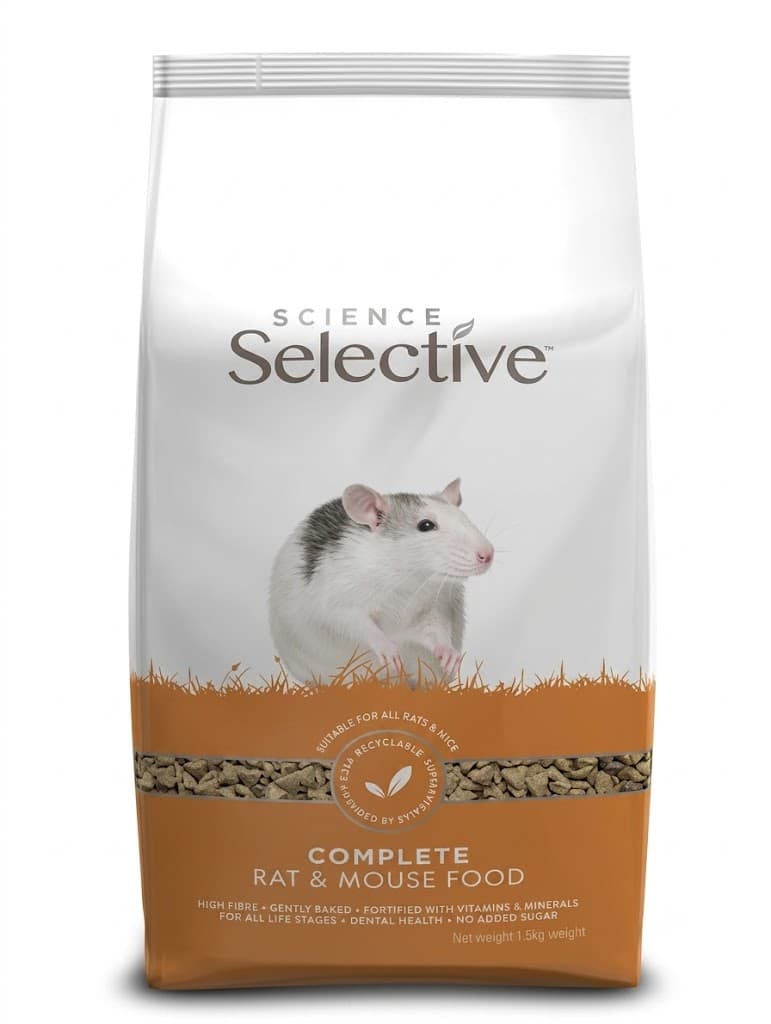 Sachet grand format de 3 kg d'extrudés Supreme Science Selective Rat & Mouse avec visuel de rat domestique gris et blanc.