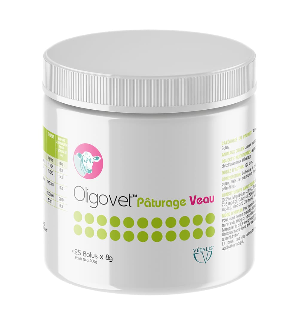 Pot de 25 bolus Oligovet Pâturage Veau Vétalis, complément minéral croissance mise à l'herbe.
