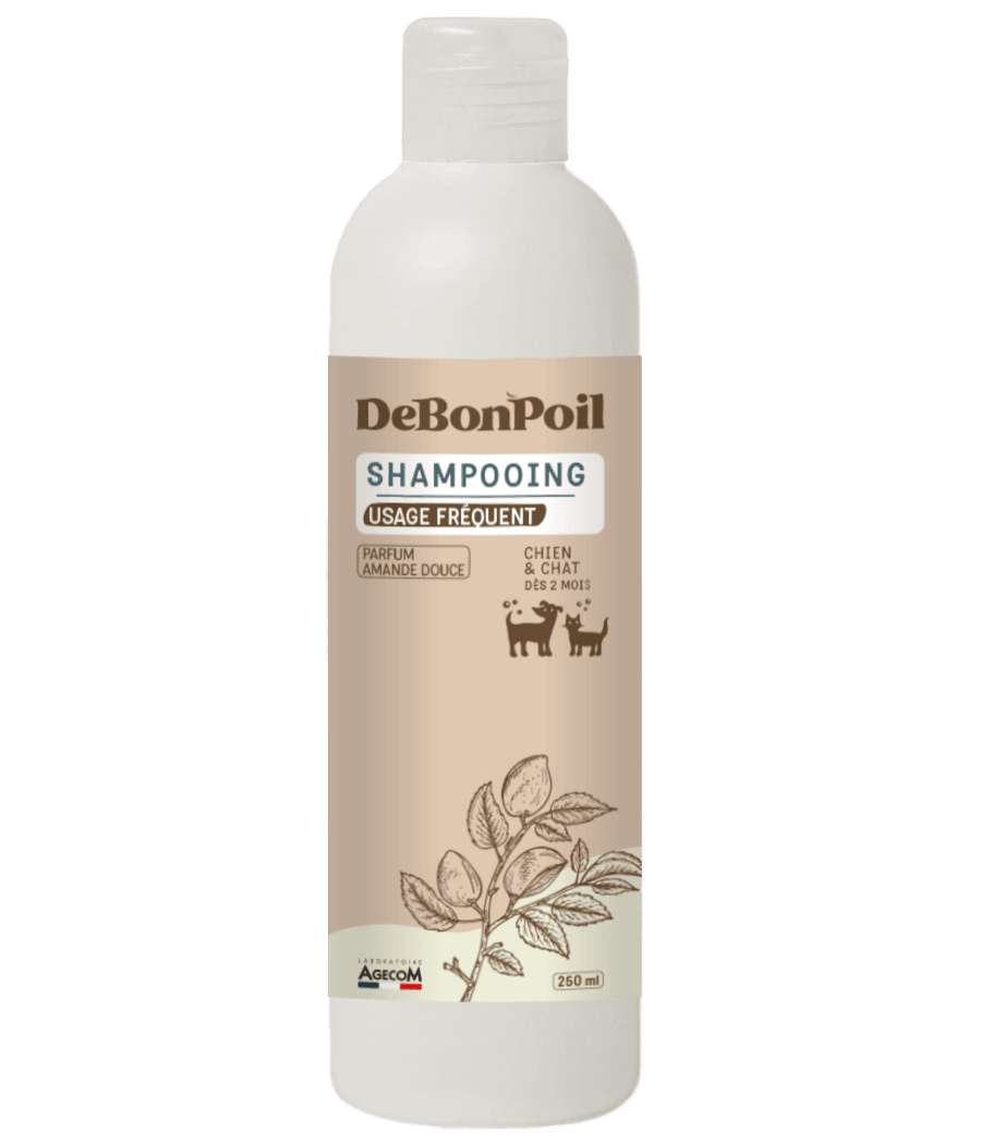 Flacon blanc de 250 ml de Shampooing Usage Fréquent DeBonPoil pour chien et chat parfum amande douce fabriqué en France.