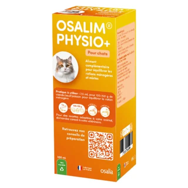 Flacon de 300 ml OSALIM PHYSIO+ pour chat avec sa seringue doseuse, une formule vétérinaire pour équilibrer les repas maison à base de viande ou poisson.