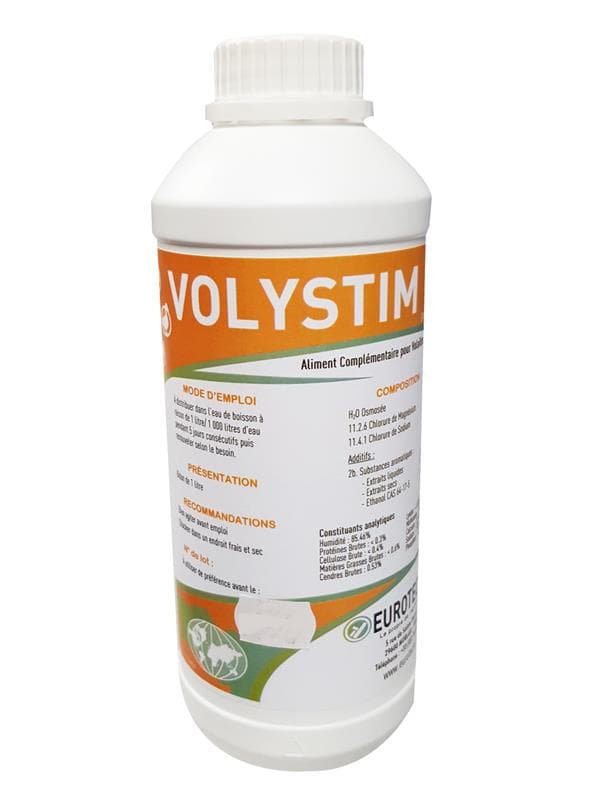 Flacon blanc de 1 litre de VOLYSTIM par Eurotec Santé, aliment complémentaire naturel pour volailles à base d'extraits de plantes.